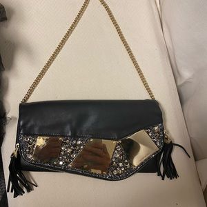 Henri Bendel black leather and gold & sequin bag